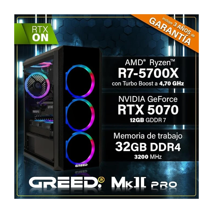Greed® MK2 Pro - 4K High End Gaming PC - AMD Ryzen 7 5700X - Nvidia Geforce RTX 5070 - Ordenador RGB + de sobremesa a 4,6 GHz - 32 GB RAM DDR4 - Refrigeración por Agua - 2TB SSD - WLAN + Win11 Pro