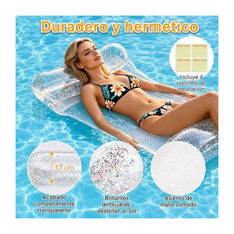 CYFIE Colchoneta Piscina 4 en 1, Hamaca Inflable Adultos 110x68cm, Flotadores Hinchables para Piscina con Asiento para Sentarse Tumbarse Montar y Derivar en Agua, Plegable con Bomba y Parche