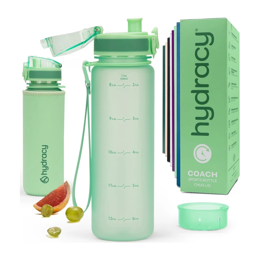 Hydracy Botella de Agua con Marcador de Tiempo - 500 mL Botella de Agua Deportiva sin BPA - Botella de Gimnasio Antifugas con Funda Antitranspirante e Colador de Infusión