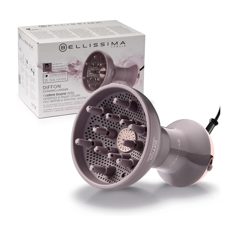 Bellissima Imetec Diffon Ceramic & Argan: Difusor para Cabello Rizado con Aceite de Argán para Rizos Definidos, Brillantes e Hidratados – Acción Anti-Frizz, Secado Suave, Doble Voltaje
