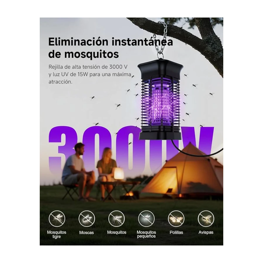 Lámpara Antimosquitos, Mata Mosquitos Eléctrico para Interior Exterior | Luz UV 360°, Rejilla 3000V, Bandeja extraíble, Resistente al agua IPX4, Para dormitorio y terraza