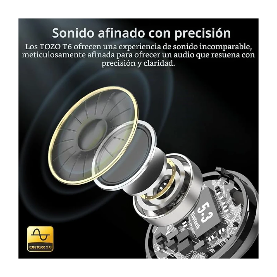 TOZO T6 Auriculares Inalámbricos Bluetooth 5.3,compi Deportivo fiable | IPX8 sumergible, 50H batería, carga rápida Inalámbrica/USB-C, OrigX 2.0, Sonido premium, IA llamadas, Control Táctil, 32 EQs