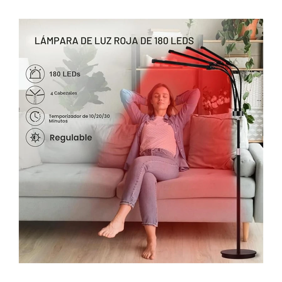 Lámpara de luz roja de 4 cabezas con soporte, 180 LED, 660, 850 y 940, luz infrarroja cercana con temporizador de 10/20/30 minutos y 5 niveles de brillo ajustables para uso en casa y