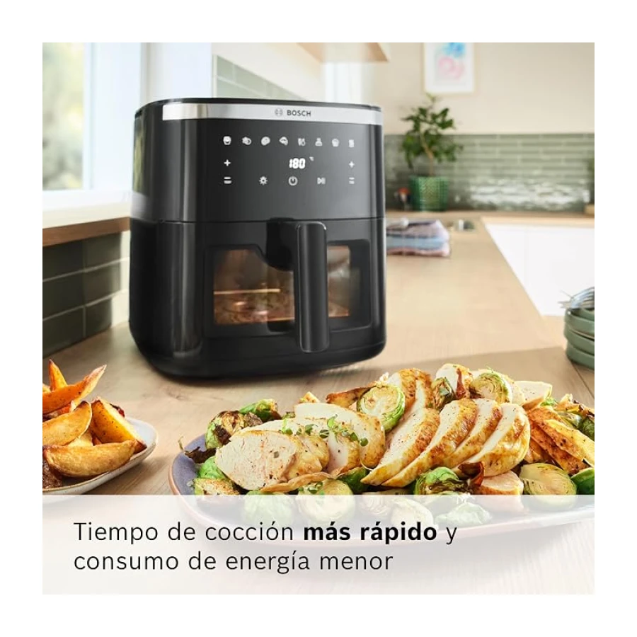 Bosch - Freidora de aire Serie 6, Air Fryer XXL con capacidad de 7,2 L, con 7 programas y ventana de visualización con luz, cocinado hasta 65%¹ más rápido, negro, MAF671BO