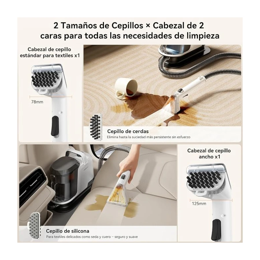 Uwant Y100S Limpiador Tapicerias Vapor 3en1, 1750W 18kPa Aspiradora de Agua | 2 dep. 1.2L, Manguera Autolimpiable, Cepillo 2en1 reversible/Vapor/Zapatos, sofá/coche/cocina, Frío/65°C Cal./100°C Vapor
