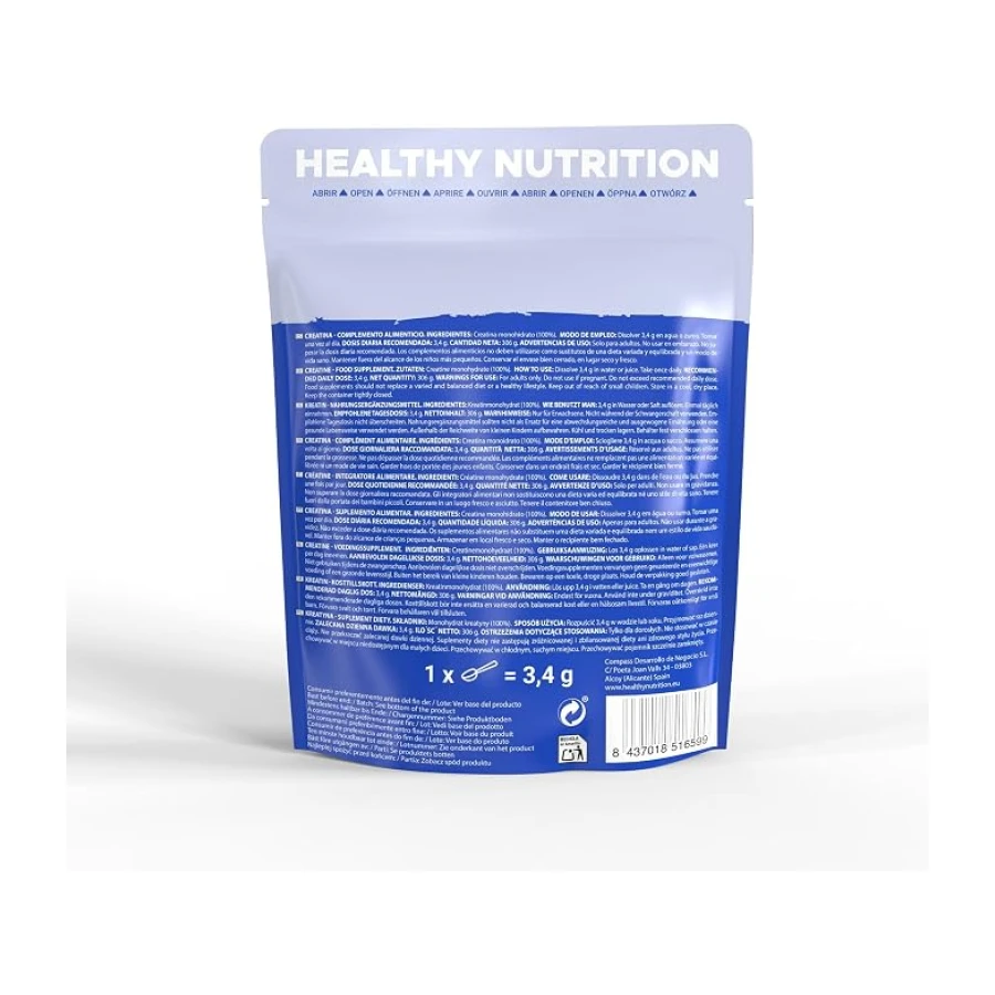 Creatina Monohidrato en Polvo 306g (90 Dosis) - Creatina Pura sin Sabor - Suplemento Deportivo para Masa Muscular - Sin Aditivos ni Alérgenos