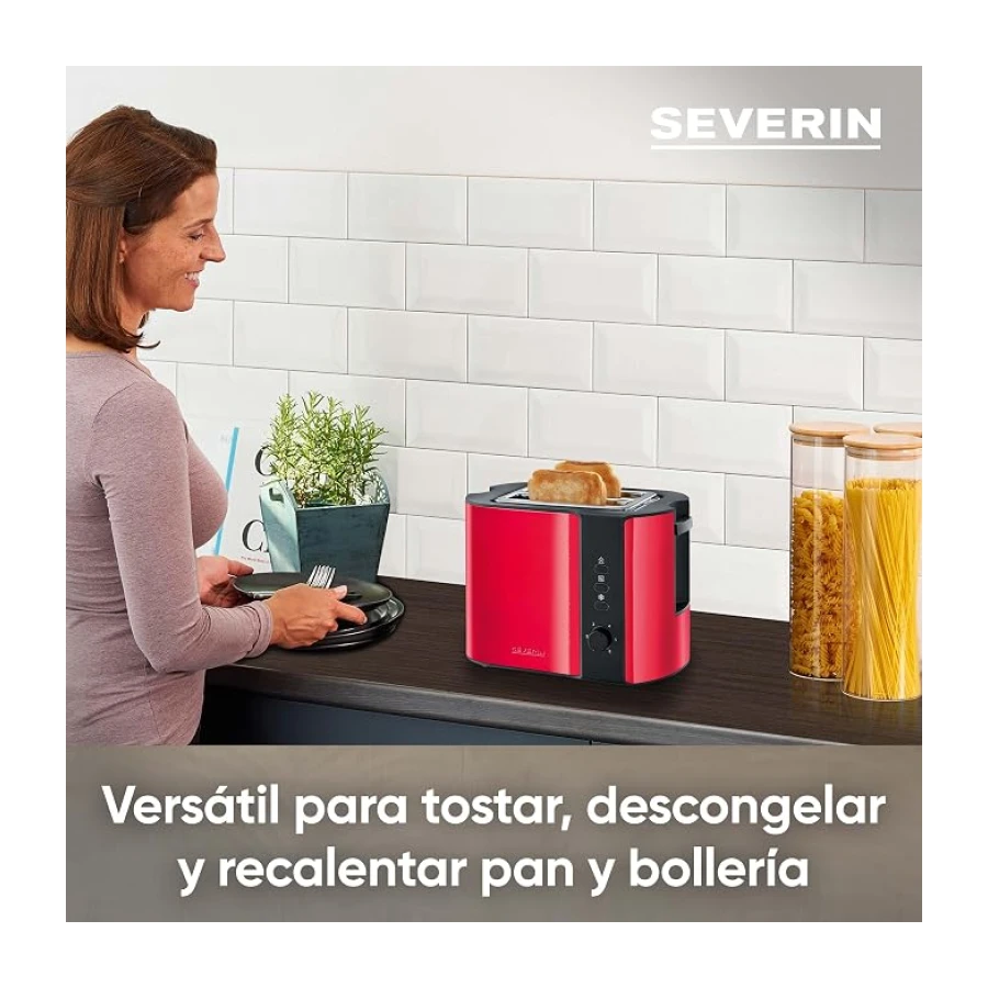 Severin AT 2217 Tostadora para 2 rebanadas de Pan, Incluye Soporte para tostar panecillos, 800 W Aprox, Rojo Metalizado/Negro, Acier INOX