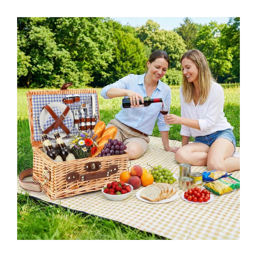 Set de Cesta de Picnic de Mimbre Premium para 2 Personas, con Compartimento Refrigerante, Correa Extraíble, Platos, Vasos, Cubiertos, para Acampada, Exteriores, Excursiones de un Día, Azul