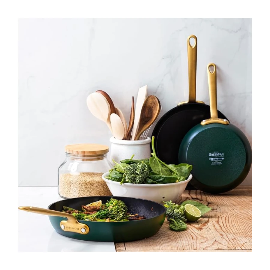 GreenPan Craft Juego de 3 Sartenes de Cerámica Antiadherente Saludable con Protector de Sartén,20 cm 24 cm & 28 cm,Sin PFAS,Mango de Acero Inoxidable,Inducción,Apto para Lavavajillas e Horno,Negro