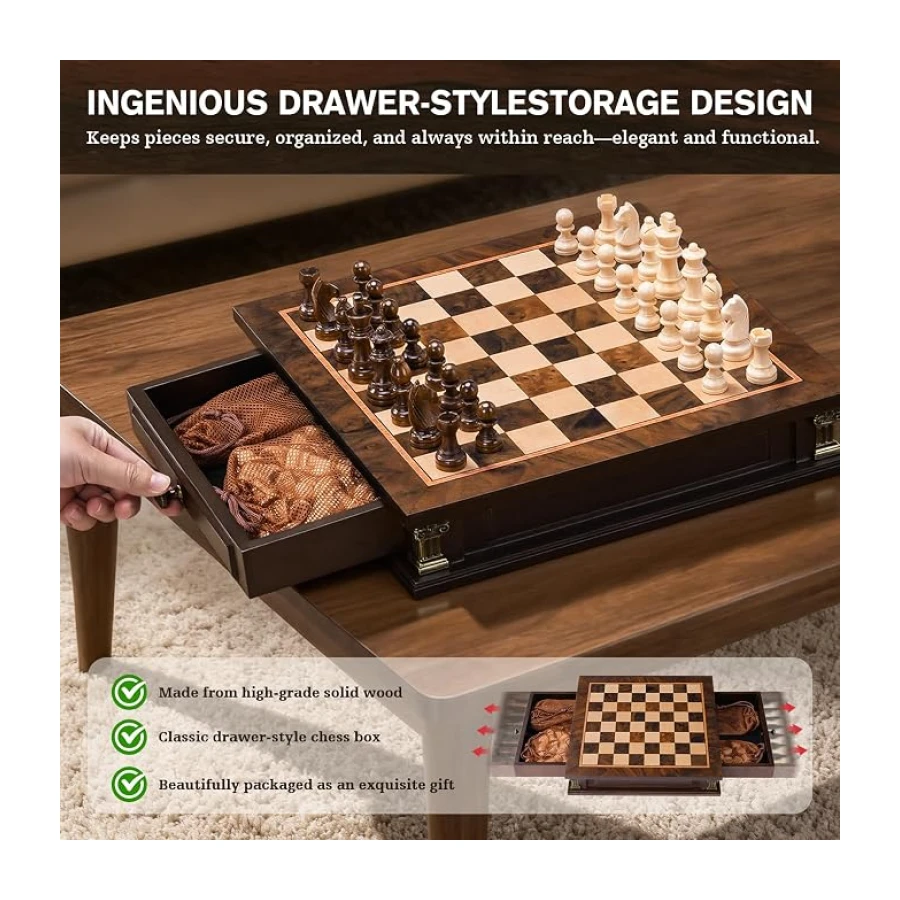 Peradix Juego de ajedrez magnético con 2 cajones de almacenamiento incorporados, juegos de estrategia de madera de 30,5 cm, 2 hetmans adicionales, juegos magnéticos de viaje para adultos, juegos para