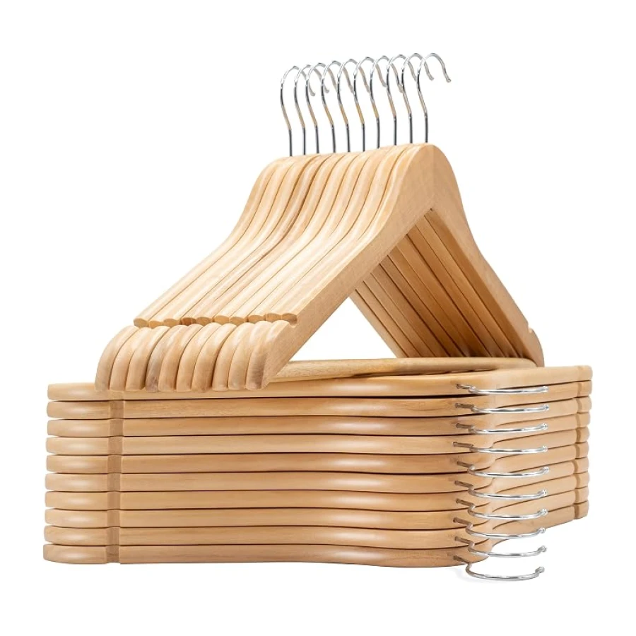 edihome, Perchas Madera, Pack de 20 ó 50, Acabado Liso y Barnizado, para Organizar Ropa, Gancho Giratorio 360, Ranuras para Hombros, de Madera Maciza (Natural, 20 Unidades)