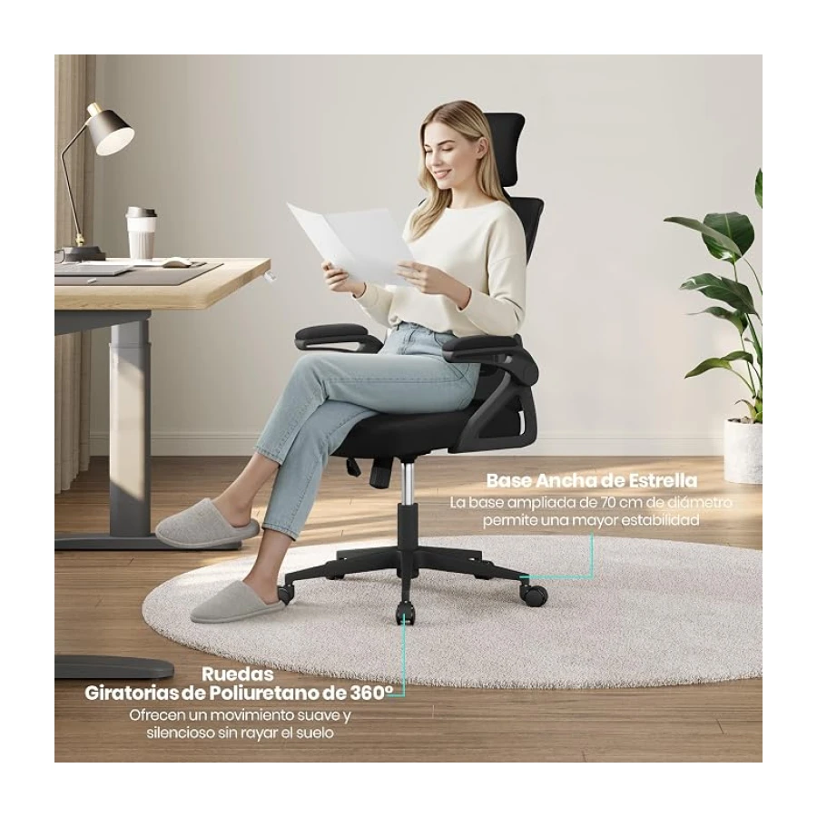 Yaheetech Silla de Oficina Ergonomica con Soporte Lumbar Escritorio Negro | Reposabrazo Reposacabeza Ajustable, Base Giratoria de 70 cm, Malla Transpirable, Capacidad Max 150KG