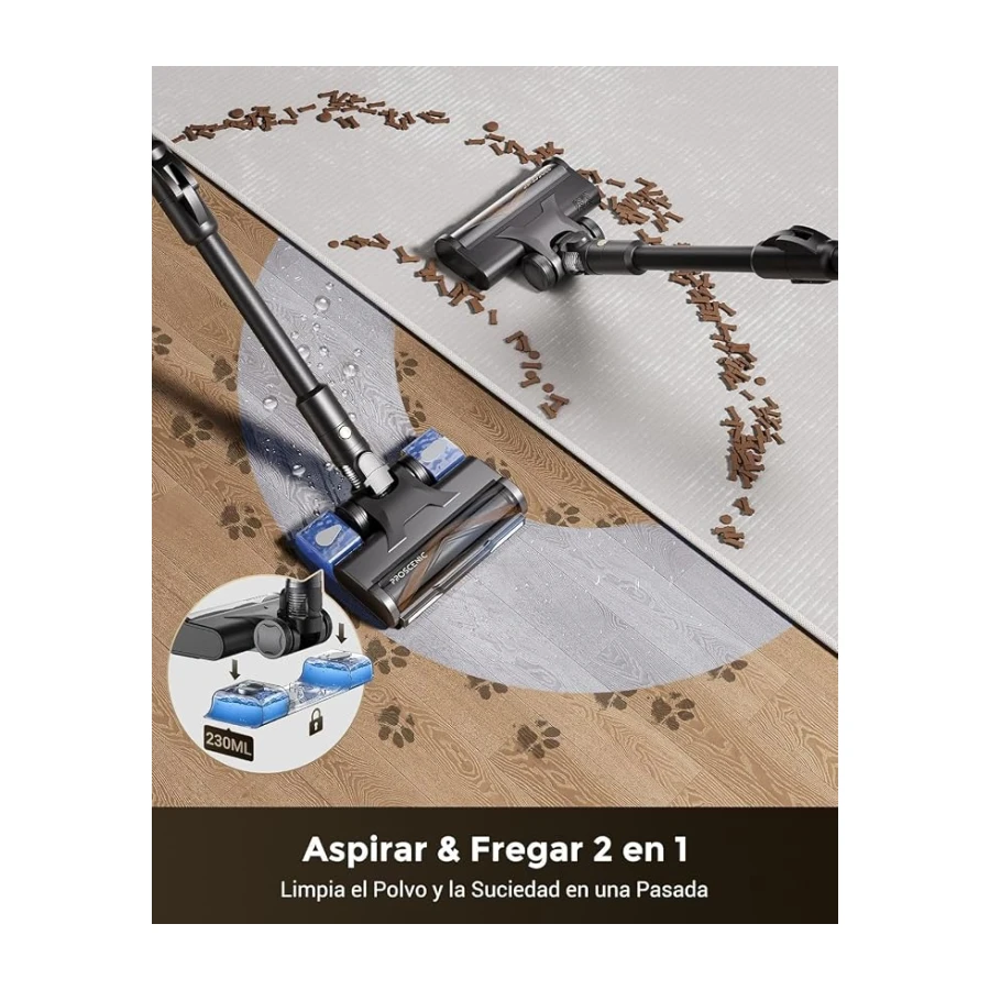 Proscenic Aspiradora sin Cable 70Mins/70kPa/680W, Autoportante y Plegable, con Cepillo Anti-Enredo y Depósito de Agua, Escoba Aspiradora sin Cable para Pelo de Mascotas/Suelos/Alfombras