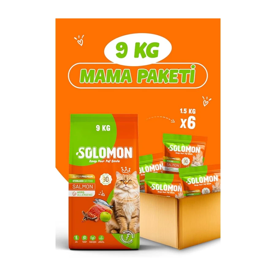 Solomon Kısırlaştırılmış Somon'lu Süper Premium Kedi Maması 9 kg - Hipoalerjenik - Düşük Tahıllı - Yüksek Hayvansal Protein - Tüy Dökülme Engelleyici - Kolay Sindirilebilir - Kuru Kedi Maması
