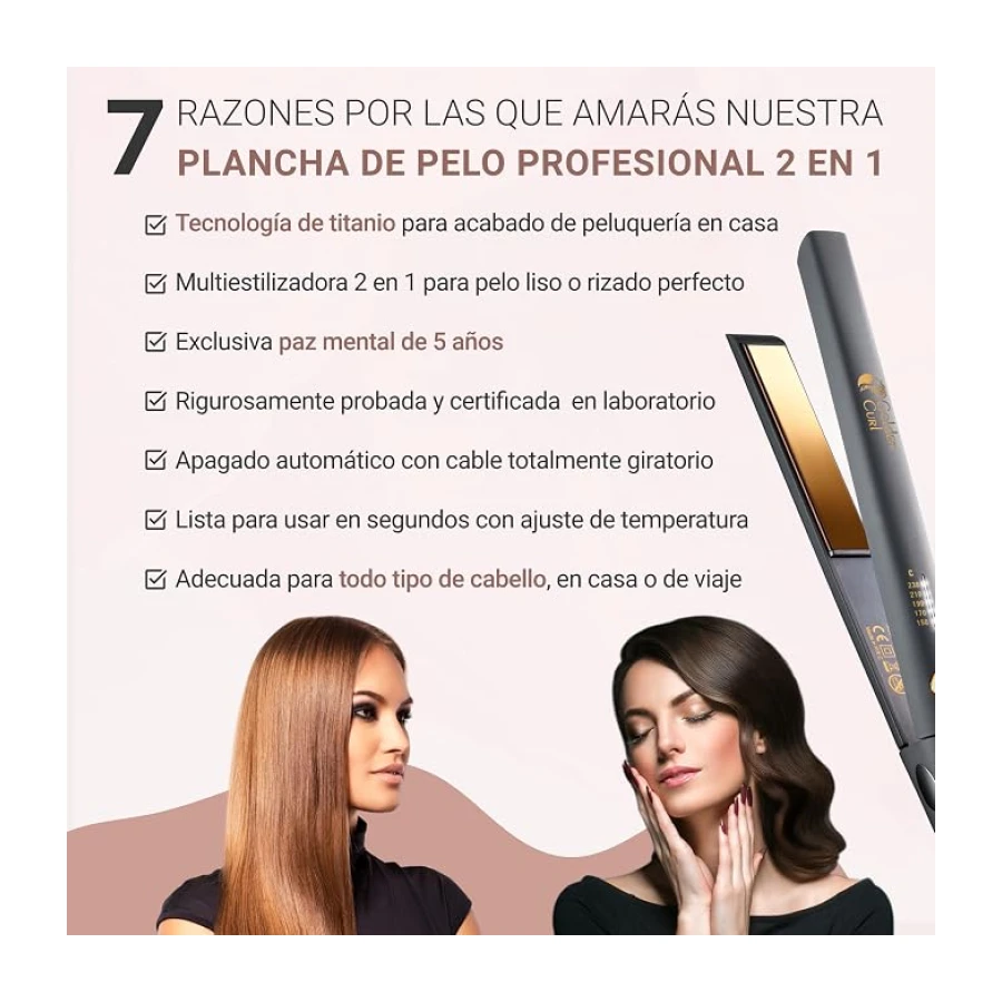 Planchas del Pelo para Alisar y Rizar - 5 Años de Tranquilidad. Alisador y Rizador de Pelo 2 en 1 Profesional - Modelador de Cabello para Alisar o Hacer Ondas