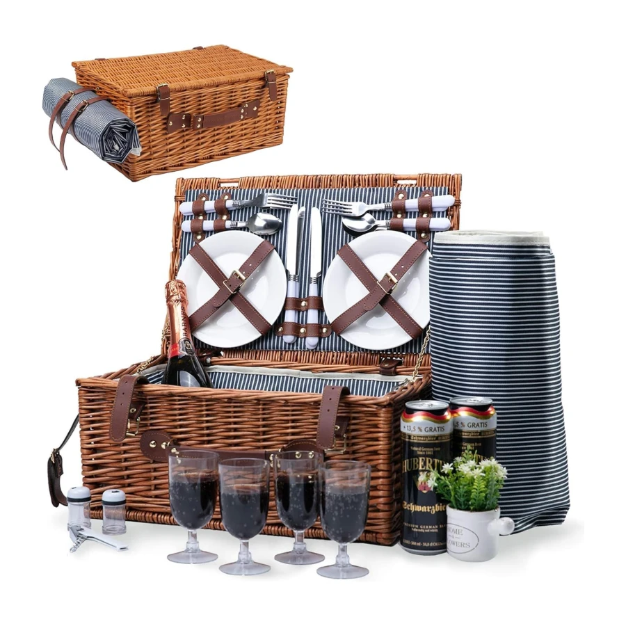 Cesta de Picnic para 4 Juegos - Picnic de Mimbre con Gran Compartimento Aislado y Manta Impermeable y Kit de Servicio de Cubiertos Retro Clásico Sauce Picnic Cesta para Camping al Aire Libre Fiesta