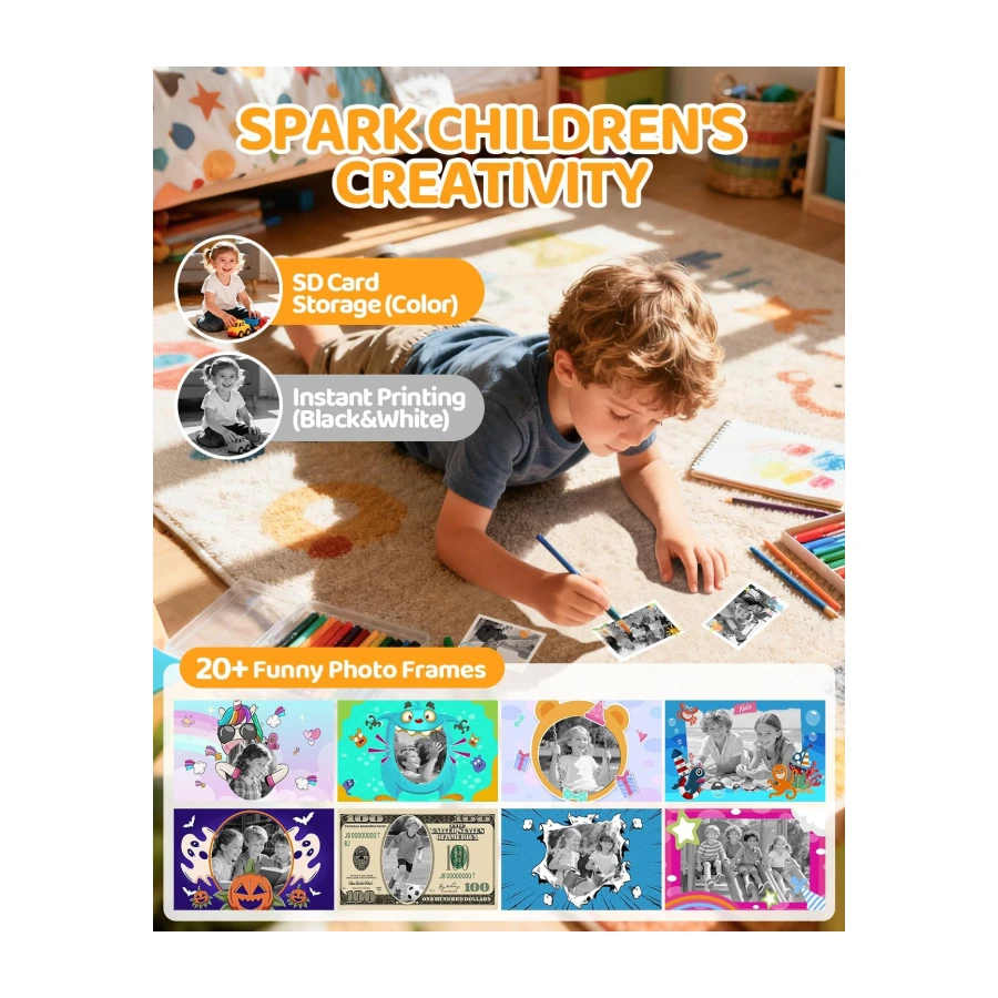 CalineGam Camara Fotos Infantil Instantanea, HD 1080P Cámara Instantánea para Niños con Tarjeta de 32G y 3 Rollos de Papel, Lentes Dobles, Regalo para Niños y Niñas de 3 a 12 Años