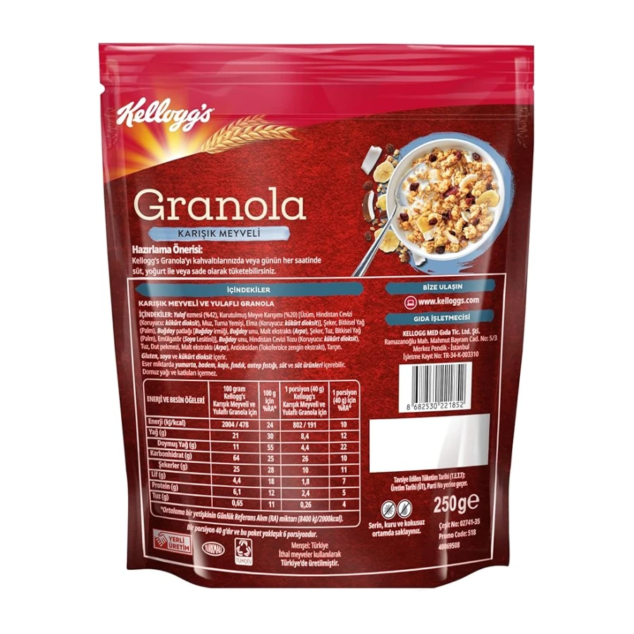 Kellogg's Karışık Meyveli Granola 250 Gr,%42 Yulaf içerir,Lif Kaynağı,%20 Kurutulmuş Meyve
