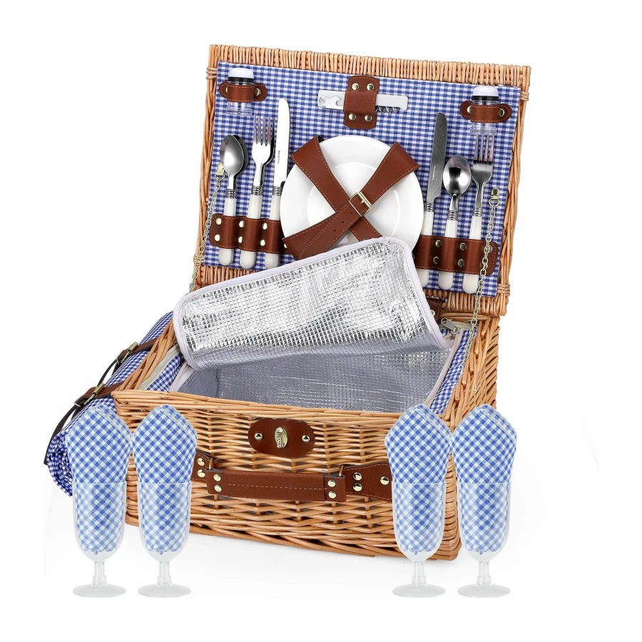 Set de Cesta de Picnic de Mimbre Premium para 2 Personas, con Compartimento Refrigerante, Correa Extraíble, Platos, Vasos, Cubiertos, para Acampada, Exteriores, Excursiones de un Día, Azul