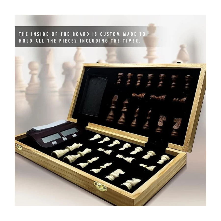 DOJA Barcelona | Ajedrez de Madera Plegable con Temporizador Digital | 39x39 | Ajedrez Profesional Magnetico Ideal para Viaje con Reloj Chess | Juego de Mesa Tablero Portatil de Set Piezas Staunton