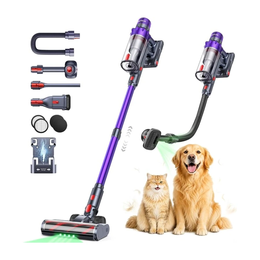 55KPA/650W/70Min(ECO) Aspiradora sin Cable, Aspiradora Vertical con Cepillo para Mascotas, Manguera 1.5M, Modo Automático,Cepillo Anti-Enredo, Luz Verde, Fragancia para Pelo de Mascota, Alfombras