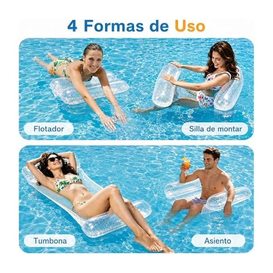 CYFIE Colchoneta Piscina 4 en 1, Hamaca Inflable Adultos 110x68cm, Flotadores Hinchables para Piscina con Asiento para Sentarse Tumbarse Montar y Derivar en Agua, Plegable con Bomba y Parche
