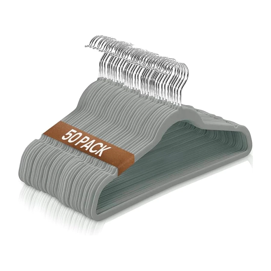 Ediesi, Perchas Terciopelo, 50 Unidades, Gris, Antideslizantes, Suaves, Finas, para Pantalón, Camisa, Falda, Trajes (50 Unidades, Gris sin corbatero)