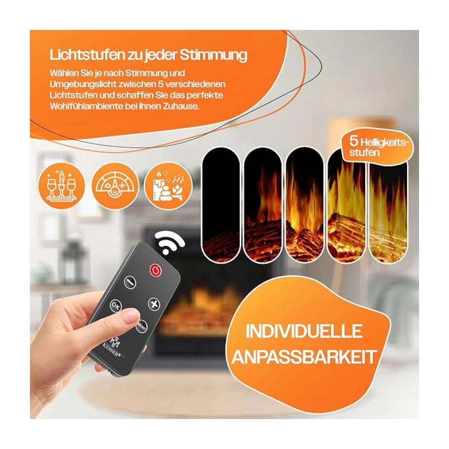 KESSER® Chimenea eléctrica - Chimenea eléctrica con Efecto de Llama LED 3D, con función de calefacción, Chimenea eléctrica con 1800W de Potencia, Temporizador semanal, Natural/Marrón