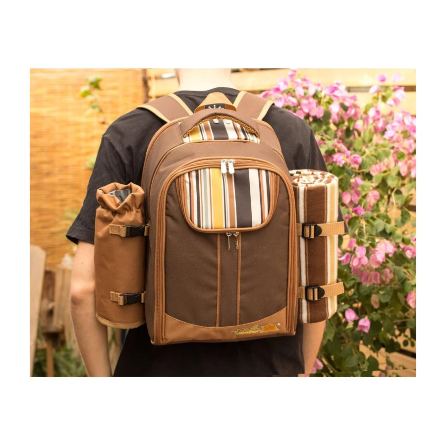 APOLLO WALKER Picnic Backpack, Picnic Set for 4 People (Tableware and Blanket), Beach Cooler Backpack, Insulated Backpack Bags for Camping, Beach and Hiking (Coffee - Four People)