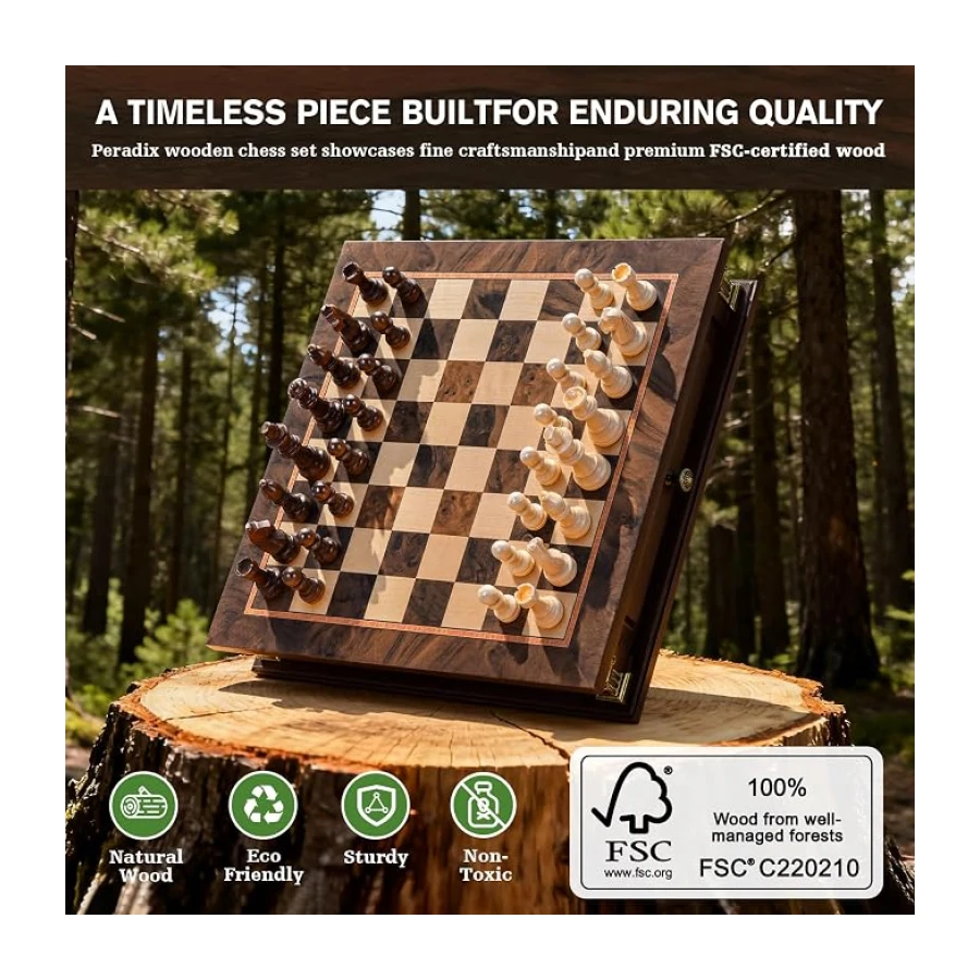 Peradix Juego de ajedrez magnético con 2 cajones de almacenamiento incorporados, juegos de estrategia de madera de 30,5 cm, 2 hetmans adicionales, juegos magnéticos de viaje para adultos, juegos para