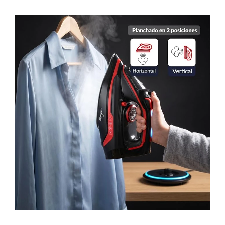 LEHMANN LGOIR-2632 Plancha de Vapor Inalámbrica 3000W, Plancha Ropa con Suela Cerámica, Base de Carga, Depósito 320 ml, Sistema Antigoteo, Función de Limpieza Fácil, Apta para Planchado Vertical