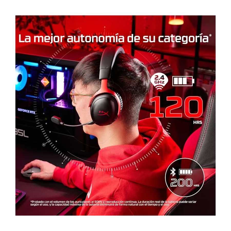 HyperX Cloud III S - Auriculares Gaming inalámbricos, Bluetooth, 2.4Ghz, PC, PS5, Xbox, Drivers 53 mm, DTS, micrófono 10mm, batería hasta 200h, Rojo-Negro
