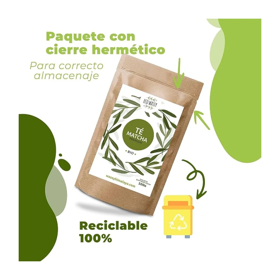 ECO WASSY Te Matcha, Grado PREMIUM, En Polvo. 100% Natural. 100Gr De Te Verde Matcha Reductor, Potente Detox Y Antioxidante. Puro De Cultivo. 100 Dosis