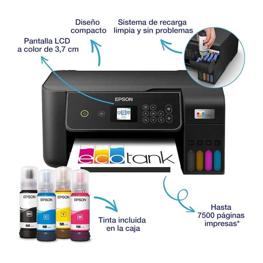 Epson Impresora multifunción EcoTank ET-2870 A4 con depósito de Tinta, conexión Wi-Fi y hasta 3 años de Tinta incluida