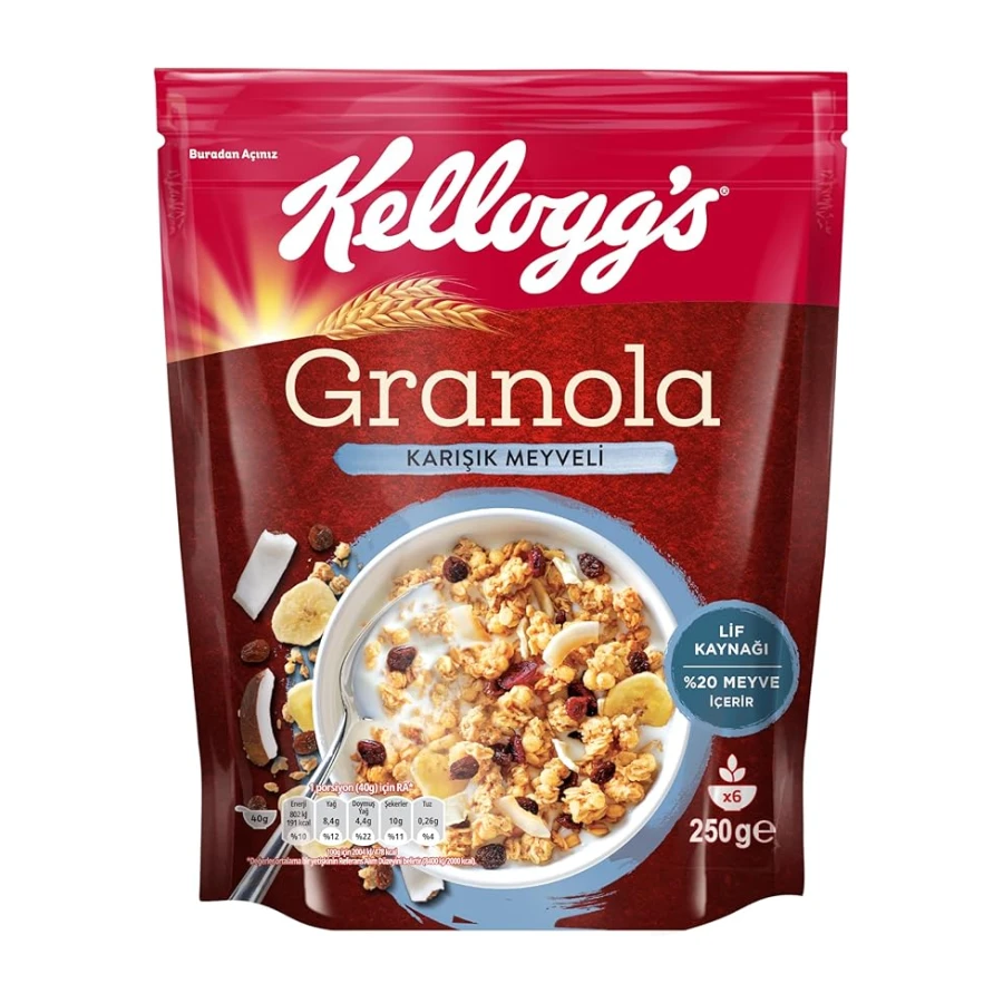Kellogg's Karışık Meyveli Granola 250 Gr,%42 Yulaf içerir,Lif Kaynağı,%20 Kurutulmuş Meyve