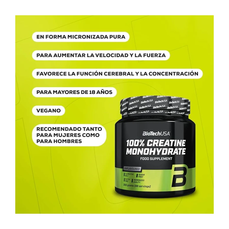 BioTechUSA 100% Creatine Monohydrate | Fórmula micronizada | La creatina mejora el rendimiento en el entrenamiento de fuerza explosiva | Monohidrato puro | Vegana | 300 g, Sin sabor