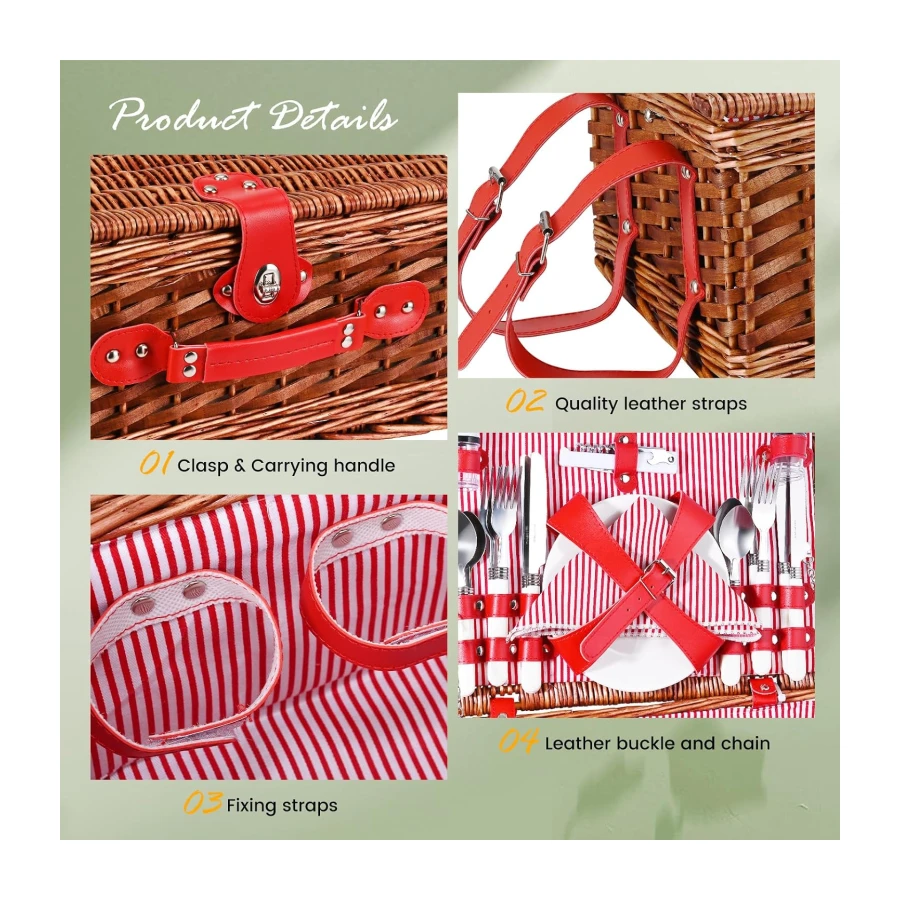 Cesta Picnic 4 Personas,Set de Picnic de Mimbre con Manta de Picnic Impermeable y Juego de Cubiertos, Cesta de Picnic para Camping,Rosa