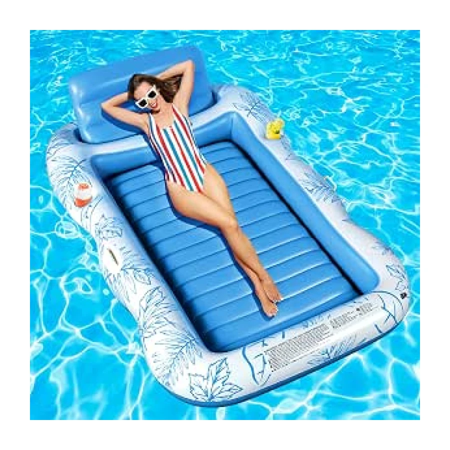 Charmofun Colchón de Aire Piscina, Flotador Inflable de Bronceado Grande, Piscina Bronceado Hinchable Adultos, Hamaca de Agua Colchón de Aire con Portavasos, para Adultos y Niños