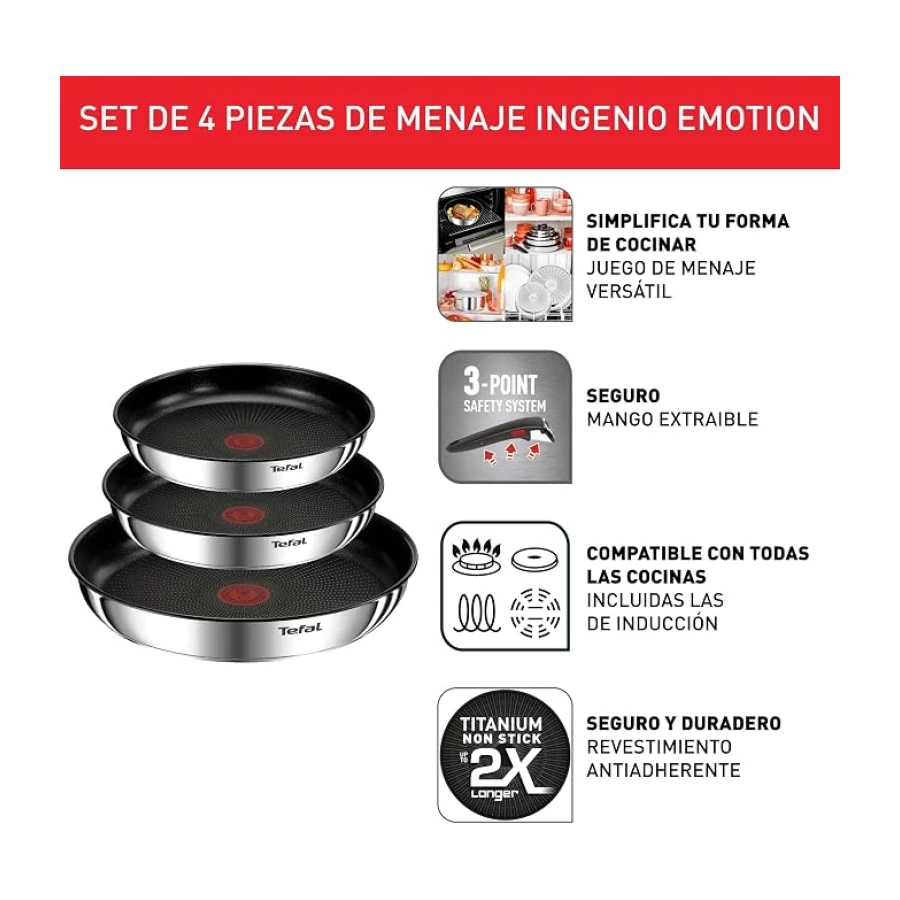 Tefal Ingenio Emotion - Juego de 3 Sartenes, Acero inoxidable