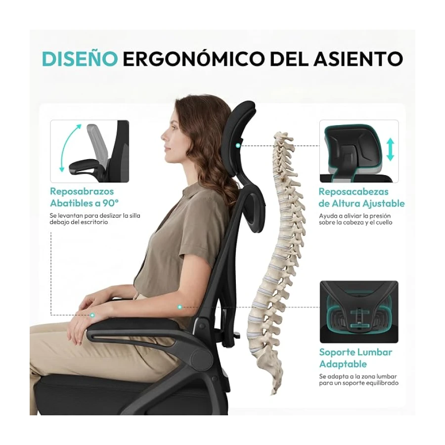 Yaheetech Silla de Oficina Ergonomica con Soporte Lumbar Escritorio Negro | Reposabrazo Reposacabeza Ajustable, Base Giratoria de 70 cm, Malla Transpirable, Capacidad Max 150KG