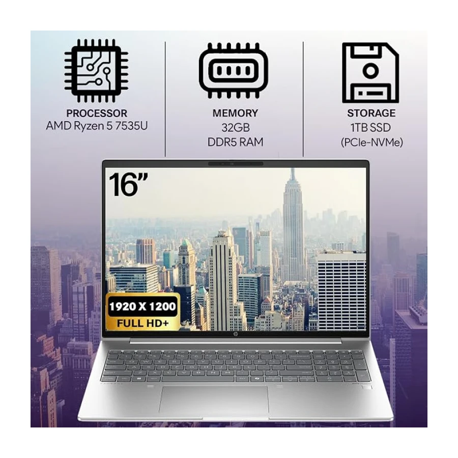 HP ProBook 465 460 G11 - Laptop de negocios con pantalla FHD+ de 40.6 cm, AMD Ryzen 5 7535U, 32GB DDR5 RAM, 1TB NVMe, Wi-Fi 6E, RJ-45, cámara web, teclado retroiluminado, Win 11 Pro, plástico plateado