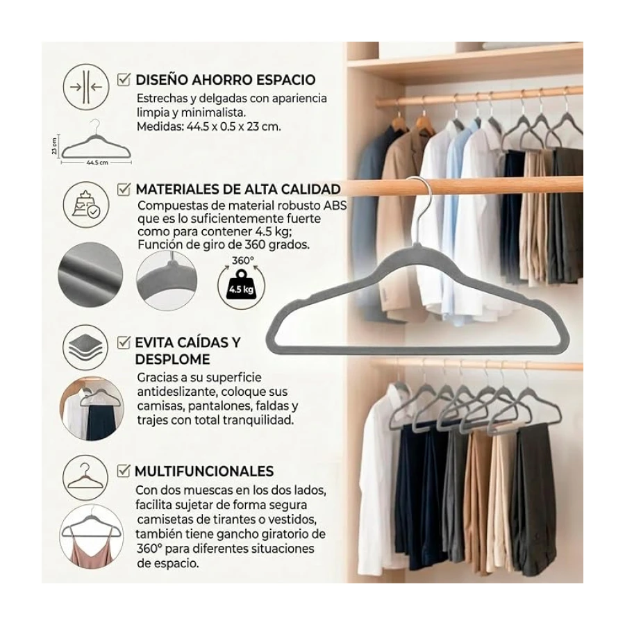 Ediesi, Perchas Terciopelo, 50 Unidades, Gris, Antideslizantes, Suaves, Finas, para Pantalón, Camisa, Falda, Trajes (50 Unidades, Gris sin corbatero)
