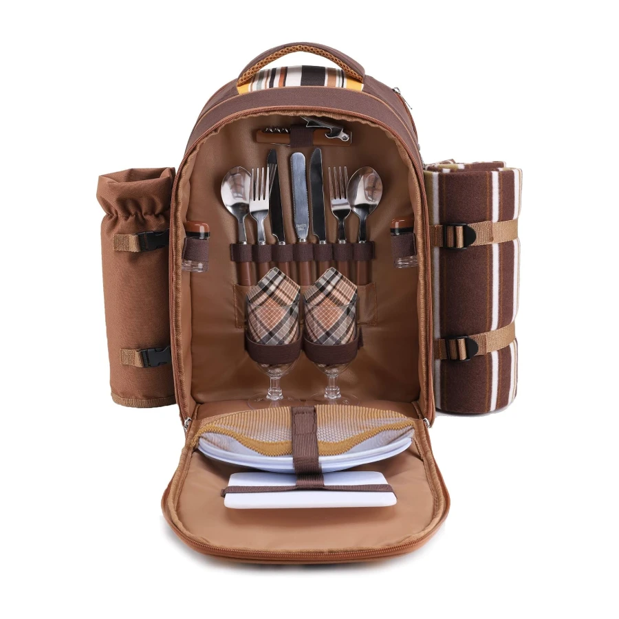 APOLLO WALKER Mochila Picnic, Juego de Picnic Set 4 Personas (Vajilla y Manta), Nevera Playa Mochila, Bolsas Mochilas Termicas para Acampar, Playa y Senderismo(Café - Dos Personas)