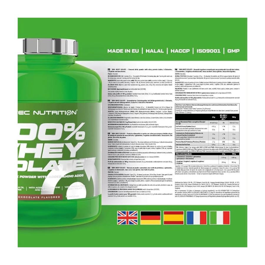 Scitec Nutrition 100% Whey Isolate - Proteína de suero con aminoácidos | Aislado e hidrolizado de suero - L-Glutamina y L-Arginina - Fórmula sin azúcar ni gluten - 1816 g, Chocolate
