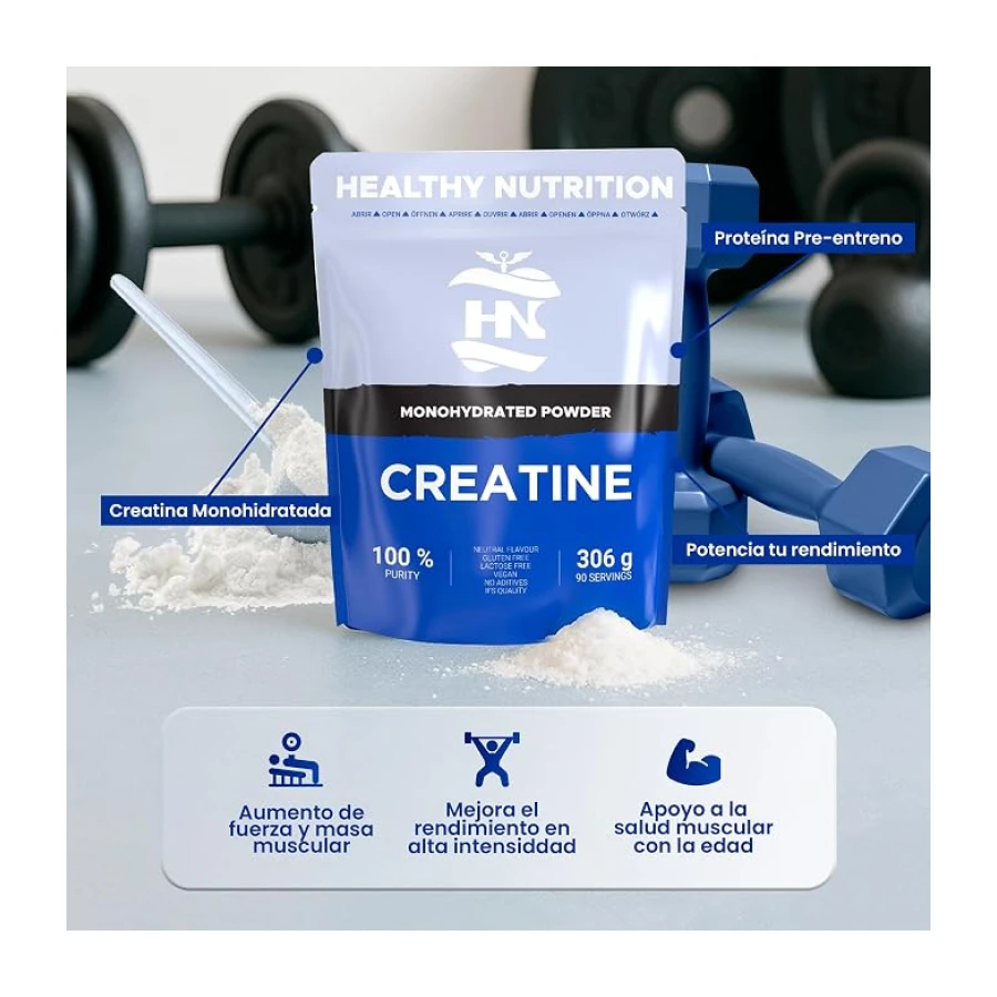 Creatina Monohidrato en Polvo 306g (90 Dosis) - Creatina Pura sin Sabor - Suplemento Deportivo para Masa Muscular - Sin Aditivos ni Alérgenos