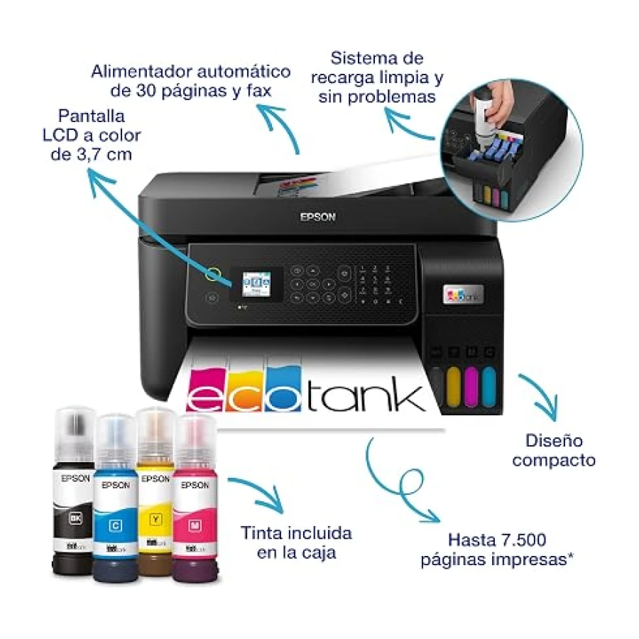 Epson EcoTank ET-4800 Impresora de Depósito de Tinta | para hogar y pequeña Oficina | Wi-Fi y Ethernet| A4 | Imprimir, Copiar, Escanear, Fax | Pantalla LCD 3,7cm | ADF | Tinta Incluida para 3 Años