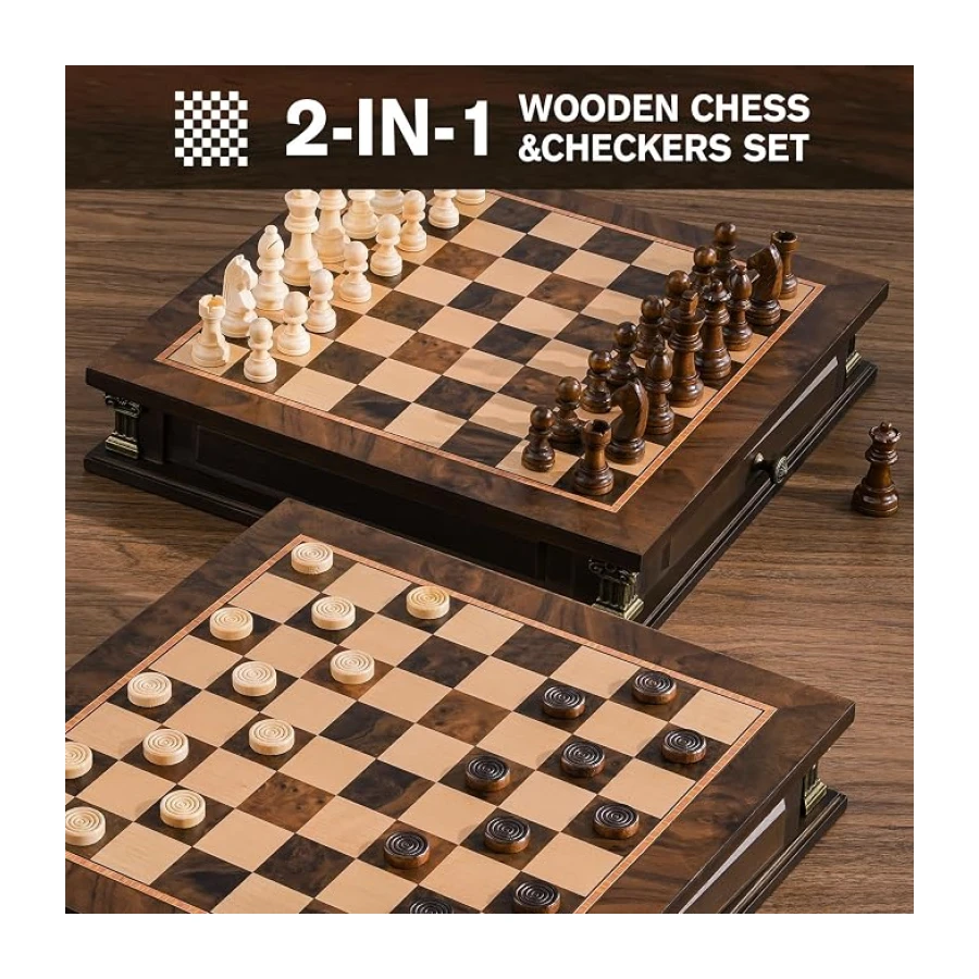 Peradix Juego de ajedrez magnético con 2 cajones de almacenamiento incorporados, juegos de estrategia de madera de 30,5 cm, 2 hetmans adicionales, juegos magnéticos de viaje para adultos, juegos para