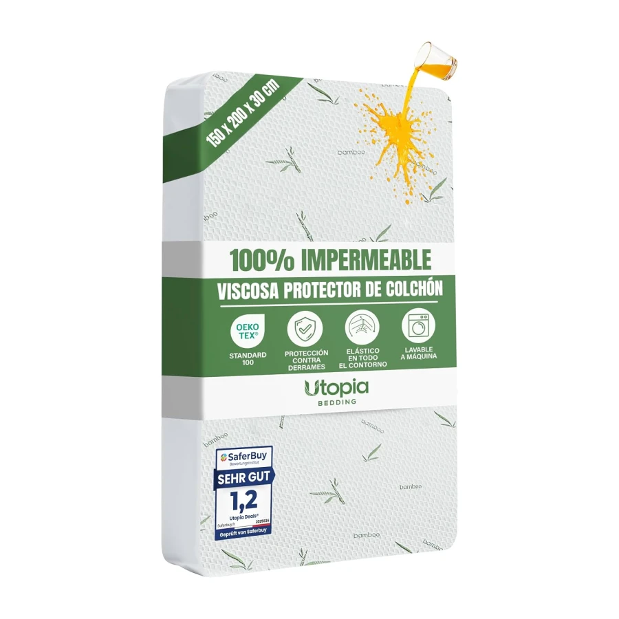 Utopia Bedding Protector de Colchón 150 x 200 x 30 cm Impermeable, Viscosa Premium, Certificación Oeko-Tex, Cubre Colchón Transpirable, Elástico En Todo