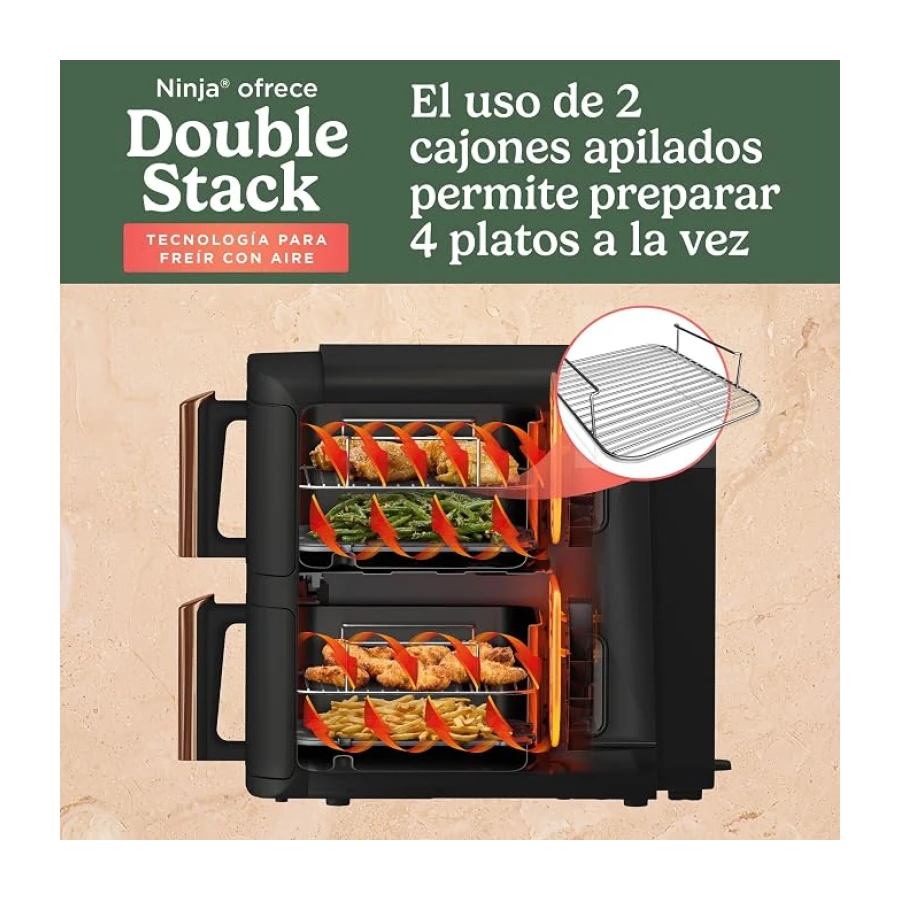 Ninja Double Stack XL, Freidora de Aire de 9,5L, Negro/cobre, SL400EUCP | Doble Cajón Vertical, 4 Niveles de Cocción, 2 Cajones y 2 Rejillas, Diseño Compacto, 6 Funciones, hasta 8 Porciones