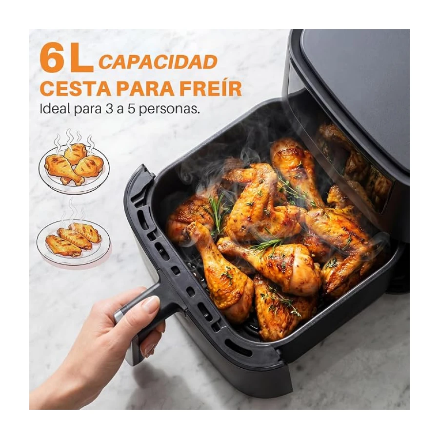 OKYUK Air Fryer 6L, Freidora de Aire, Freidora Aire Ventana Visualización, Freidora sin aceite, 8 programas, pantalla LED digital, temporizador, fácil de usar, Temperatura 80-200°C